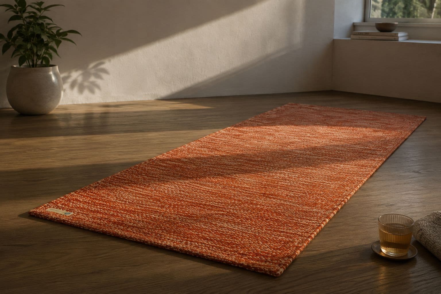 Un tapis de coton orange déroulé sur un plancher de bois dans la lumière du matin