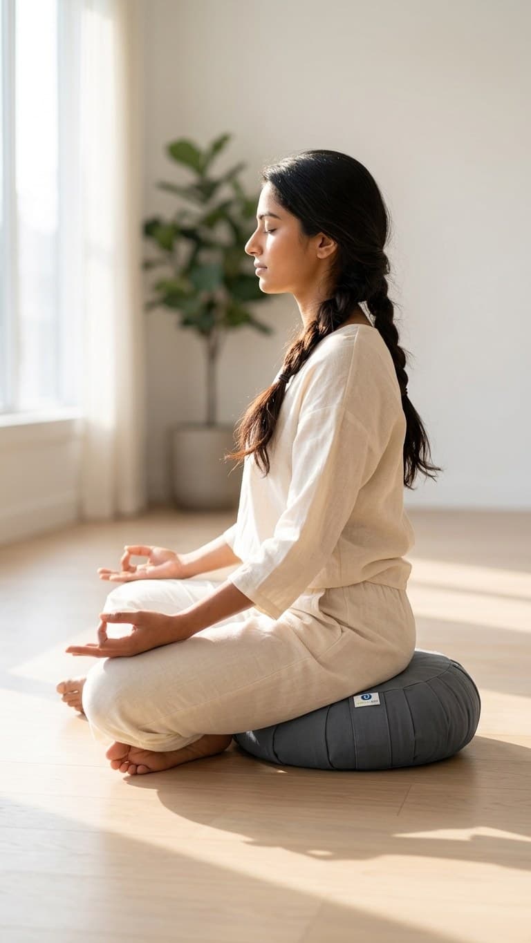 Une femme assise en tailleur sur un zafu rond gris