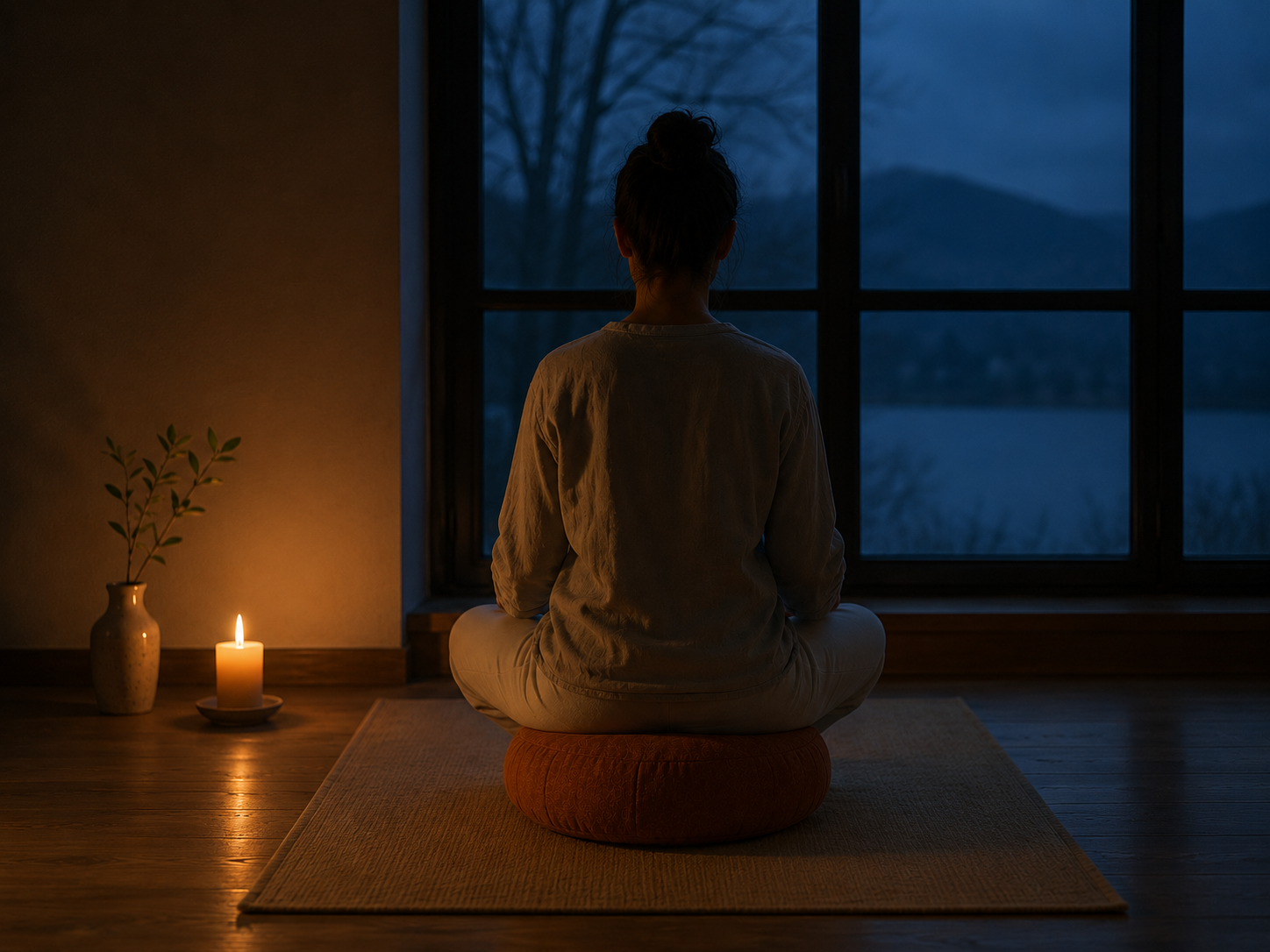 A practitioner seated at dusk on a zafu cushion, candlelit room, window to a still lake