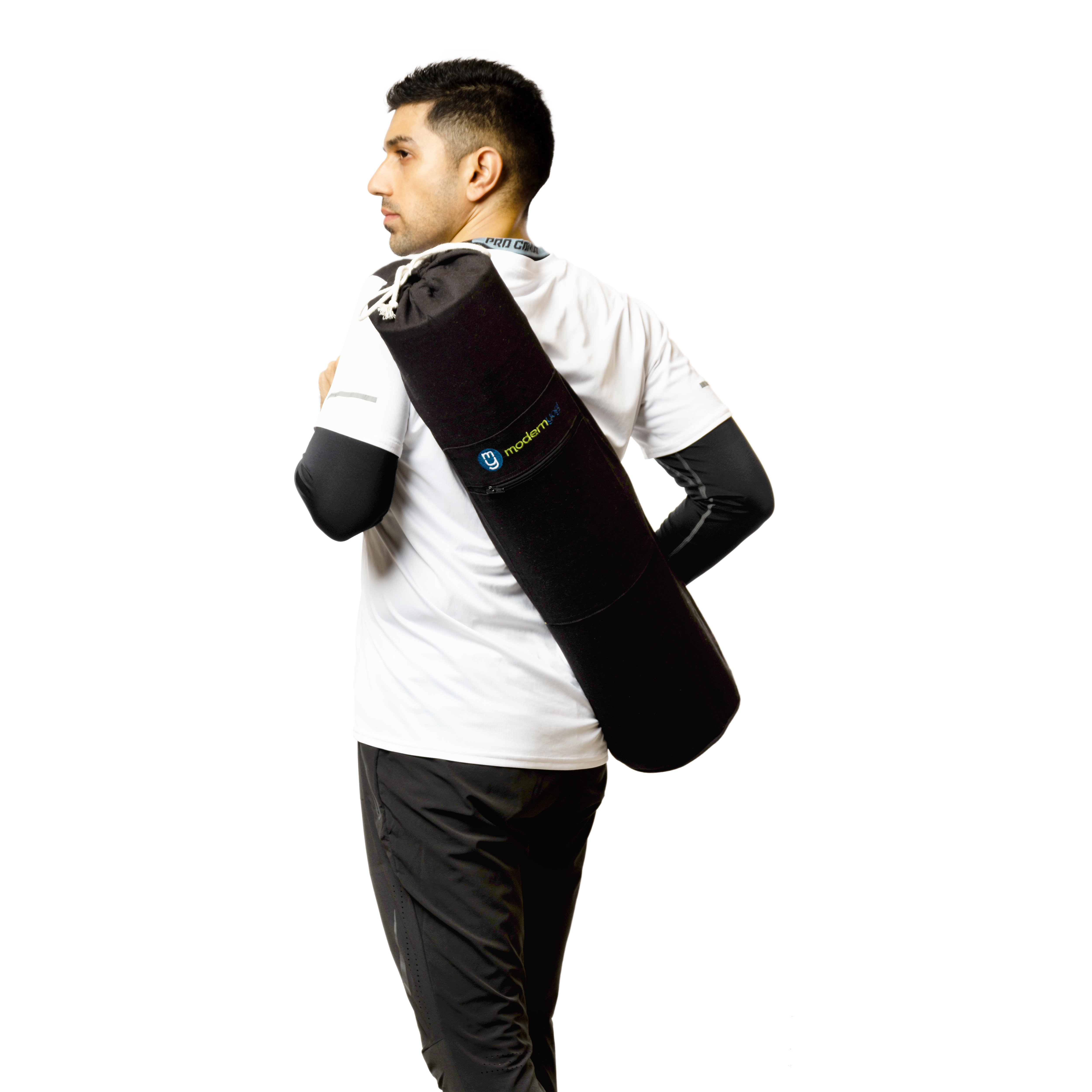 Cotton mat bag carried on the shoulder, showing the worn-in cotton softness